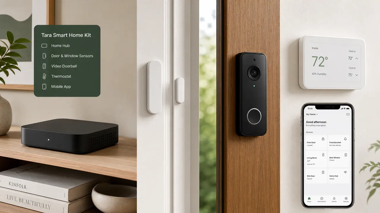 Tara smart home kit with local PC hub server, door and window sensors, doorbell, thermostat, and phone app